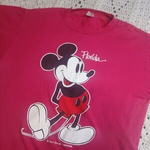 Vtg Mickey Mouse T Shirt‎ M Florida Pink Tourist Disney USA Single Stitch Faded